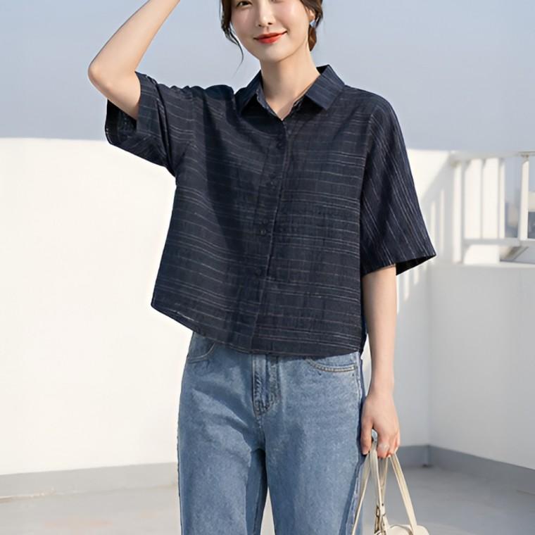 여성 여름 린넨 세미크롭 카라 티셔츠 블라우스 네이비 옐로우