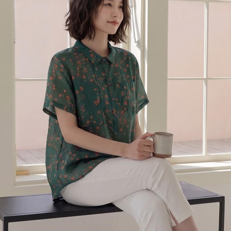 여성 여름 린넨 꽃무늬 넥셔링 반팔 티셔츠 블라우스