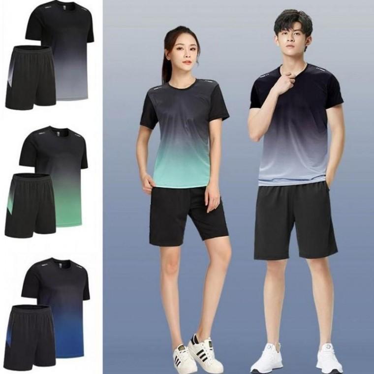 그라데이션 반소매 남여공용 트레이닝복 여름 복 남자 트레이닝 세트 반바지 운동복 티 남여공용의류