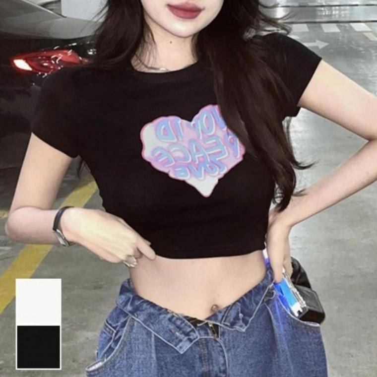 여성크롭티 여름반팔티 여성 하트 영문 프린팅 크롭 반팔티 크롭티 티셔츠