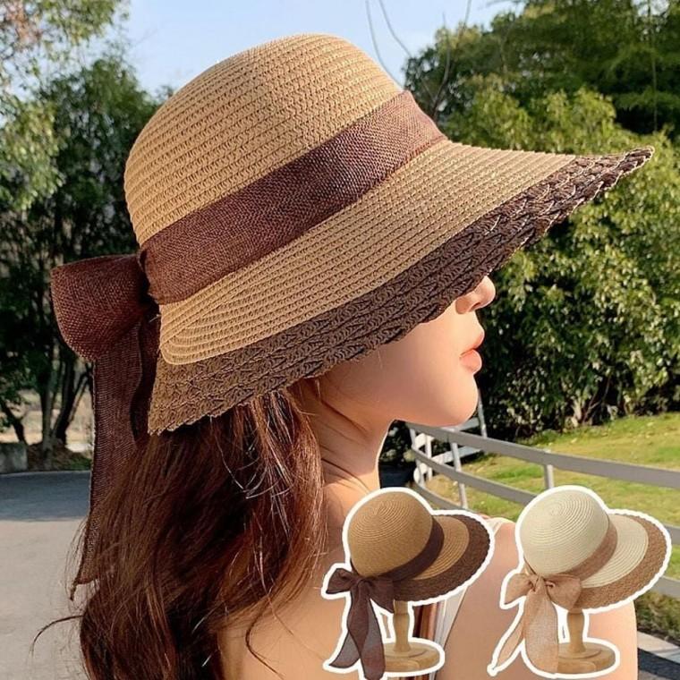 밀짚 리본모자 여성 배색 썸머 라피아햇 휴양지 썸머모자 휴양지모자 여름모자 패션모자 선캡모자 여성모자