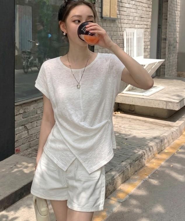 여리여리 단추 셔링 포인트 캡소매 여름 반팔티셔츠