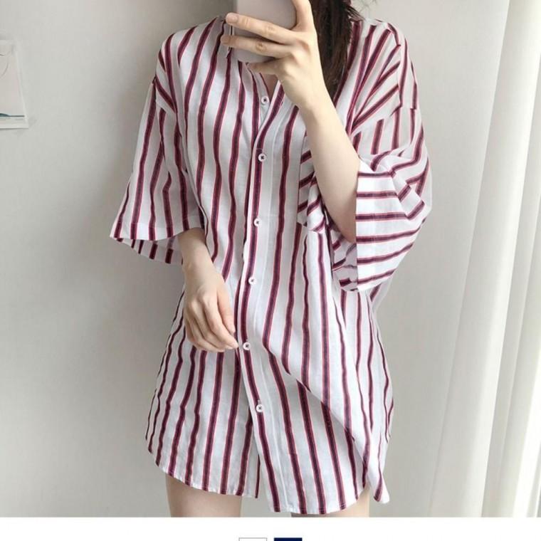 여성 세로줄 여성셔츠 롱기장 루즈핏 여름셔츠
