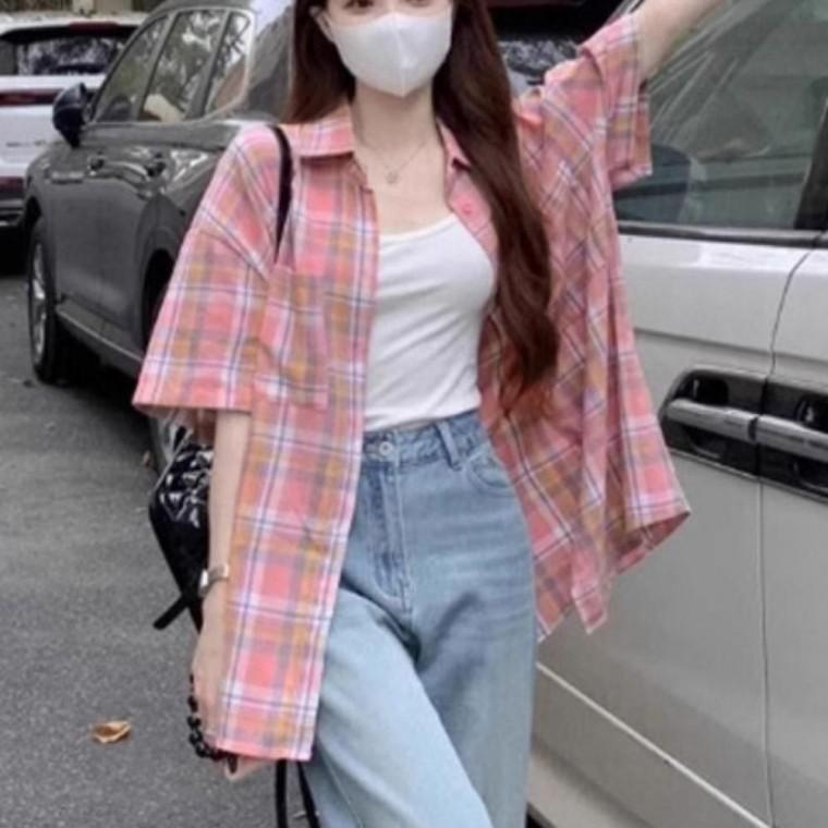 여성 러블리 여성의류 핑크 체크 루즈핏 반팔 캐주얼 일상 봄여름 셔츠