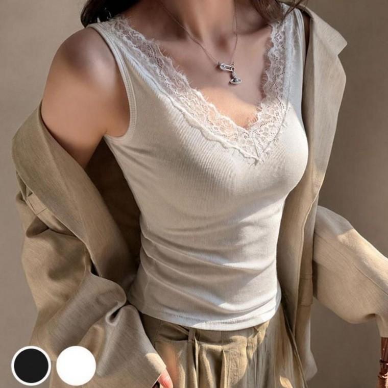 여성 브이넥 여성티셔츠 레이스 와이드 숄더 슬림 민소매 봄여름 티셔츠