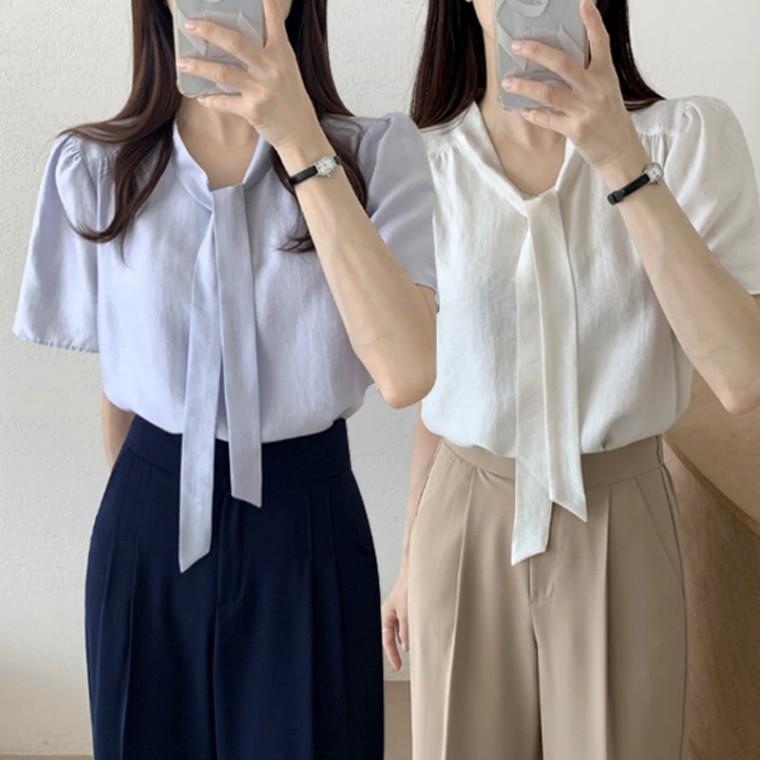데일리 여성 반팔 블라우스 캐주얼 반팔 블라우스 라운드 여름 여성블라우스 세련된블라우스