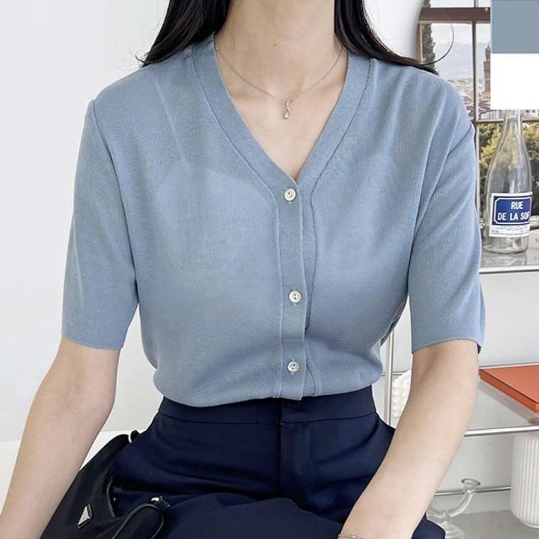 여성 반팔 브이넥 니트 가디건 1P 여름 여자 카디건