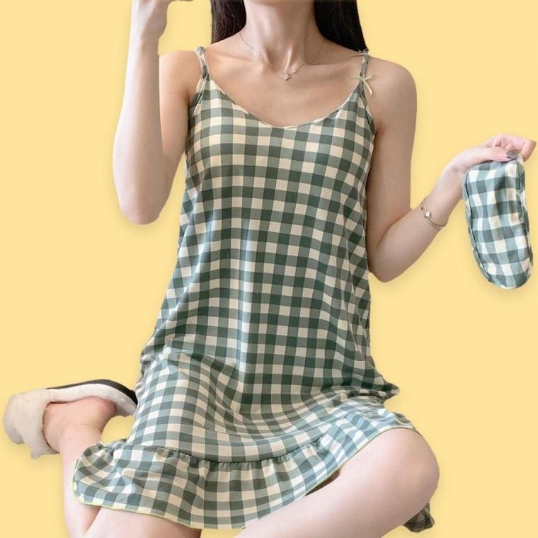 여성 브라 캡 내장 원피스 여름 잠옷 홈웨어 체크 그린 여자 나시 캡내장 파자마 브라캡
