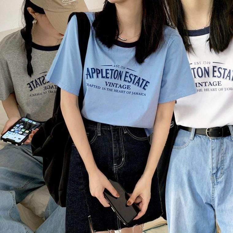 여성 세미 크롭 라운드 여름 예쁜 반팔 티 셔츠 티셔츠 반팔티 여자 크롭티 레터링