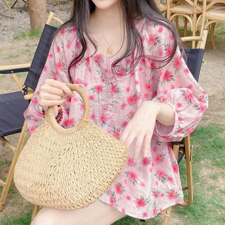 여성 여름 플라워 패턴 퍼프 소매 꽃무늬 블라우스 퍼프소매 여자 브라우스 벌룬 셔츠