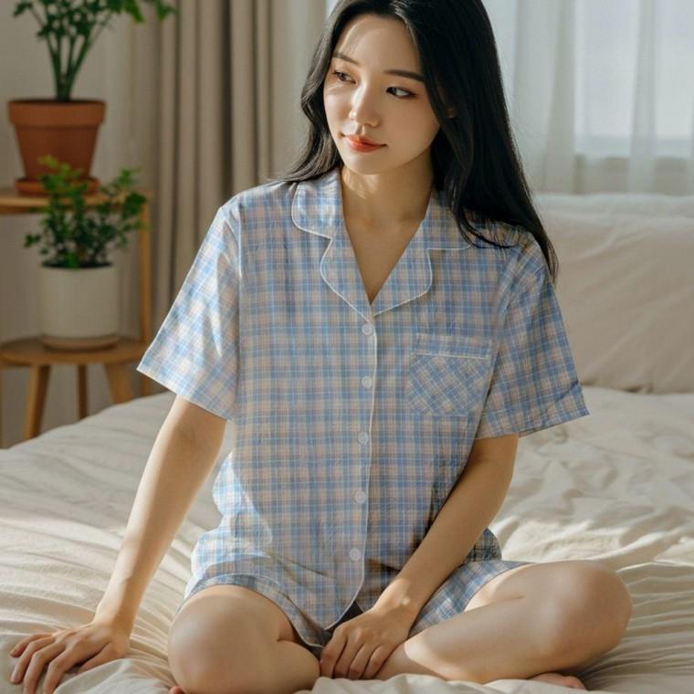 여성 순면 홈웨어 반팔 체크 여름 잠옷 세트 블루 여자 면잠옷 파자마 반바지 실내복