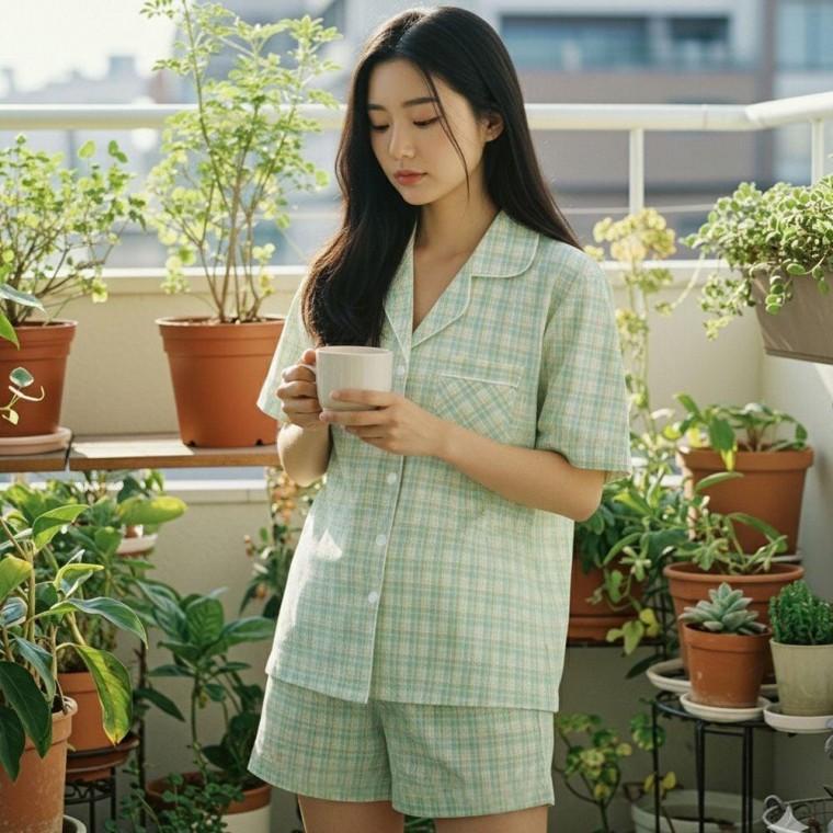 여성 순면 홈웨어 반팔 체크 여름 잠옷 세트 민트 여자 면잠옷 파자마 반바지 실내복