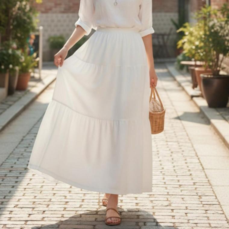 여름 티어드 캉캉 롱스커트 에이라인 밴딩 주름 치마 데일리