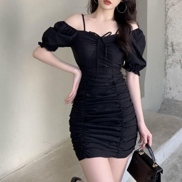 쉬폰원피스 스퀘어넥원피스 주름 H라인 퍼프 여름용 슬림 쉬폰 드레스 흰색원피스 오프숄더