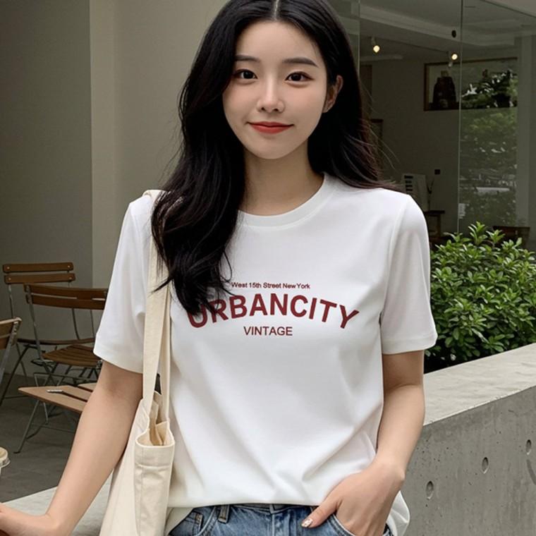 여자 여름 레터링 기본 반팔 라운드 티셔츠