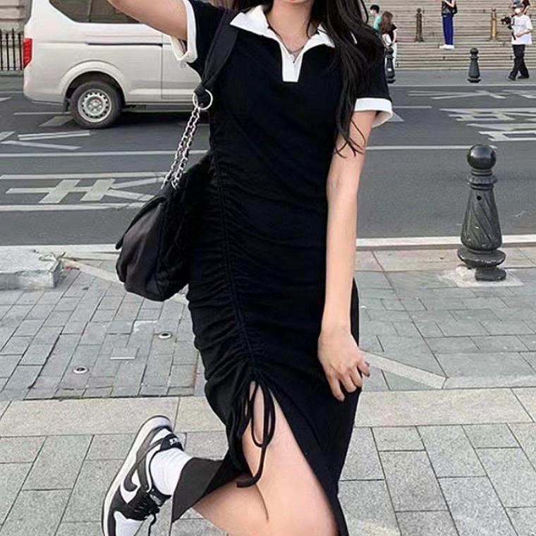여자 카라 옆셔링 배색 여름 반팔 원피스