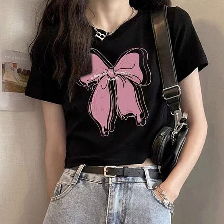 여성 빈티지 여름 캐주얼 티셔츠 리본 크롭 반팔