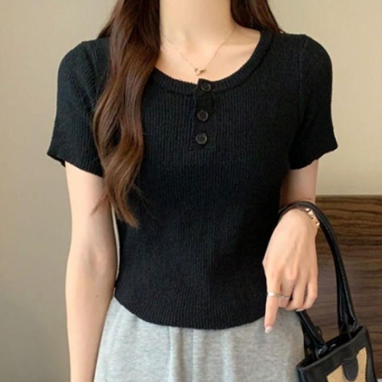여성 데일리 버튼 라운드넥 여름 반팔 니트티
