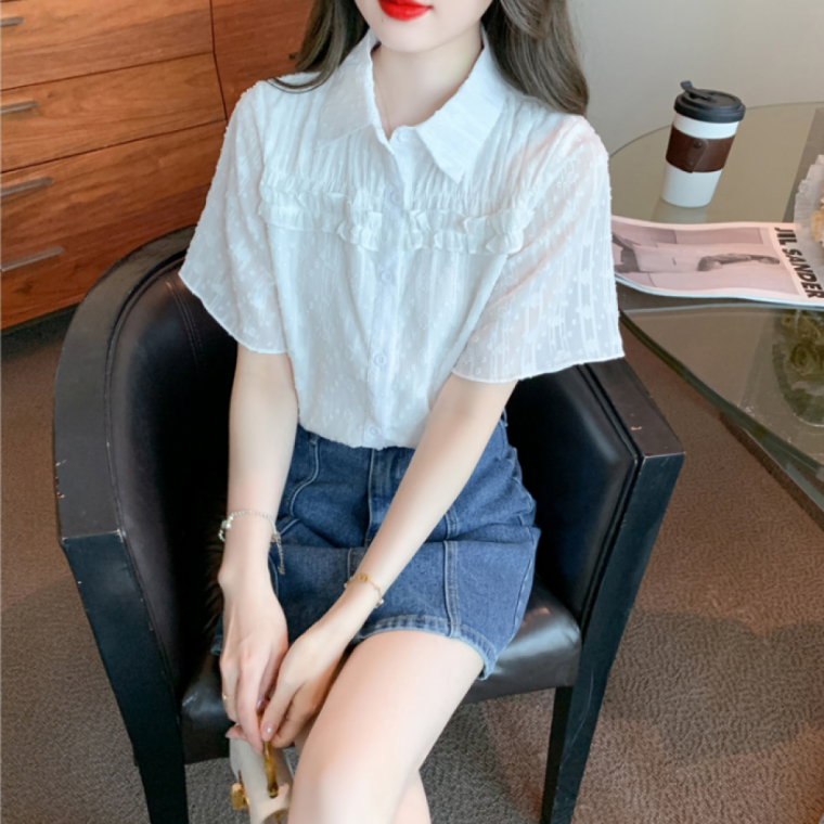 여성용 프릴 자수 블라우스 반팔 카라넥 여름 러블리룩 데일리 캐주얼룩