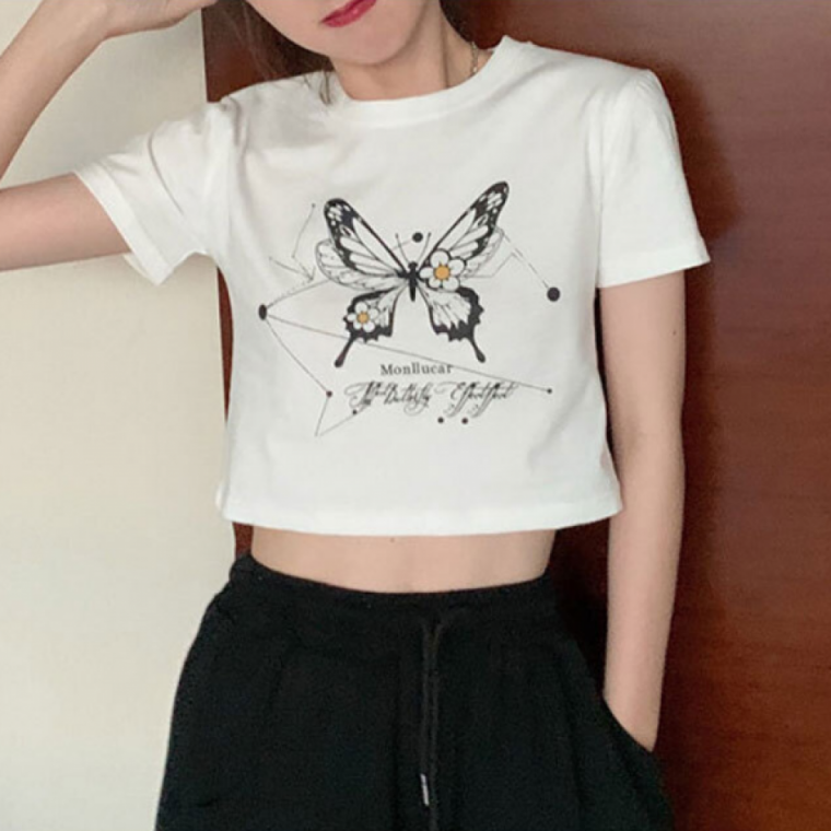 크롭 나비 반팔 티셔츠 여성 여름 레터링 프린팅 데일리 캐주얼