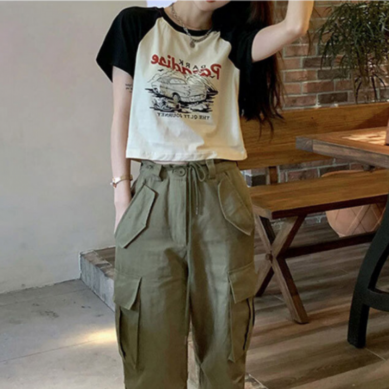 여름 프린팅 크롭 반팔 티셔츠 여성용 캐주얼 꾸안꾸 데일리
