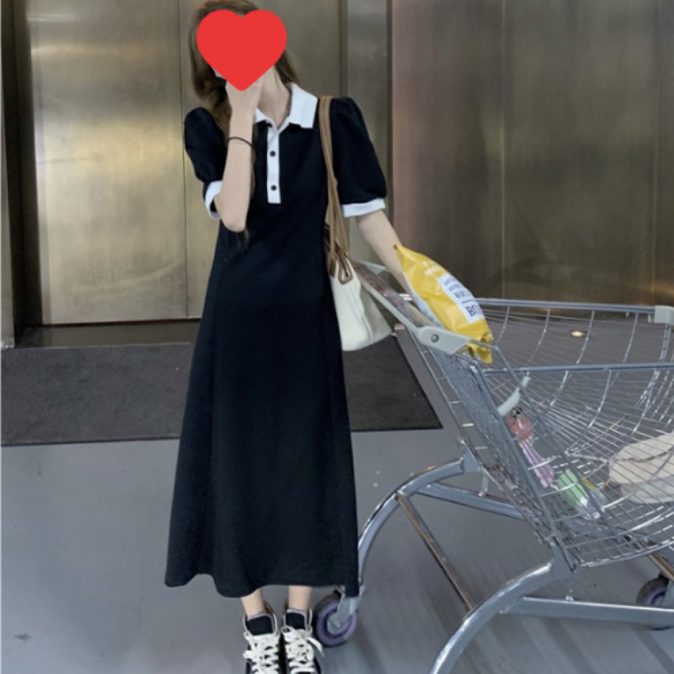 배색 카라 반팔 롱 원피스 여성용 심플한 디자인 하객룩 오피스룩 여름 데일리 원피스