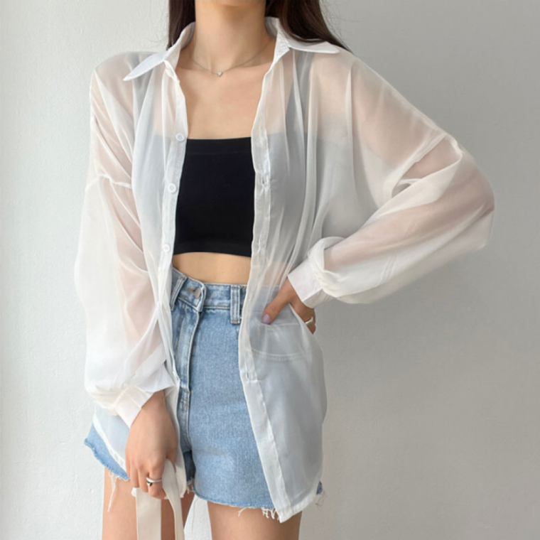 시스루 루즈핏 셔츠 여름 여성용 비침 블라우스 비치웨어 데일리룩
