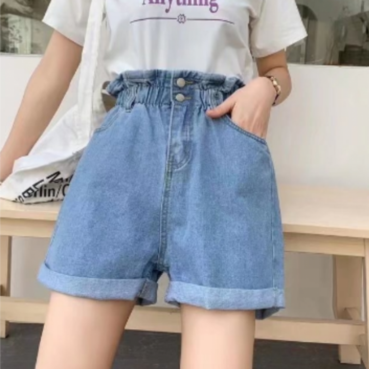 여성 쿨핏 밴딩 롤업 하이웨스트 데님쇼츠 캐주얼 여름 청반바지