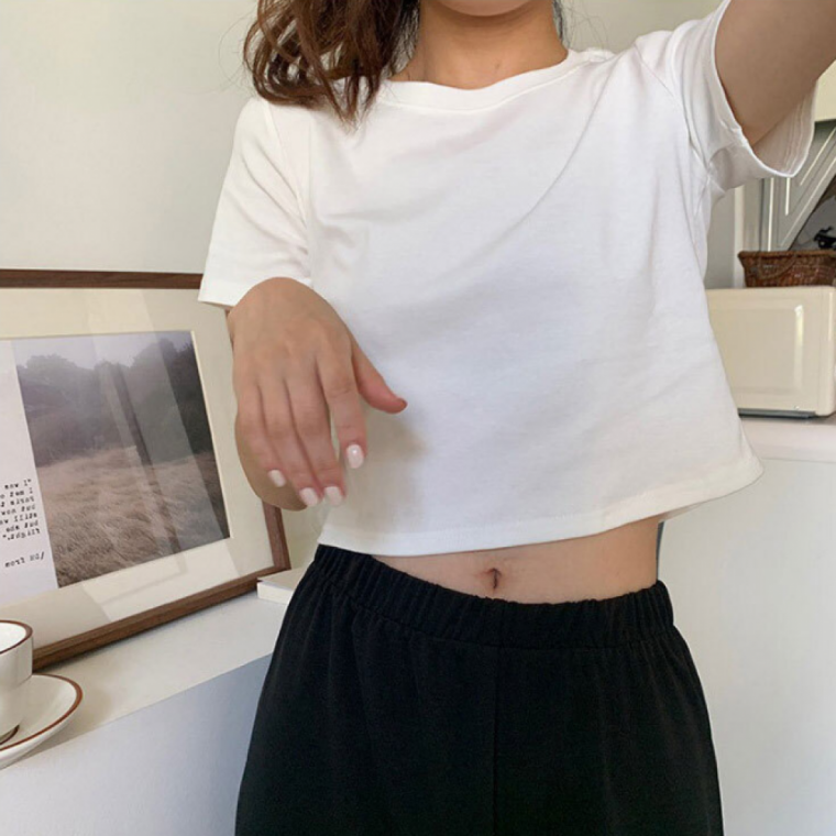 여성 무지 크롭 반팔 티셔츠 여름 데일리 슬림핏 캐주얼 숏 반팔티