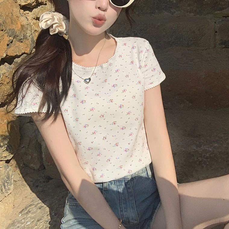 프릴 플라워 여름 반팔 여성 니트 티셔츠