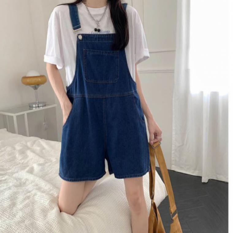 여성데님점프수트 여름 멜빵 반바지 통바지 청멜빵바지 아웃도어