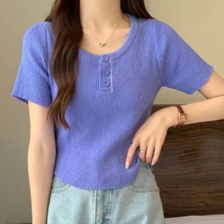 시원한 여자 버튼 니트 반팔티 1P 짜임 여름 티셔츠