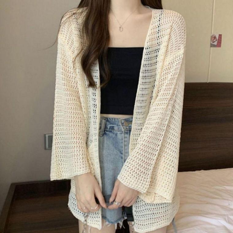 펀칭 여자 짜임 노버튼 롱가디건 1P 넉넉한 소매 여름 외투