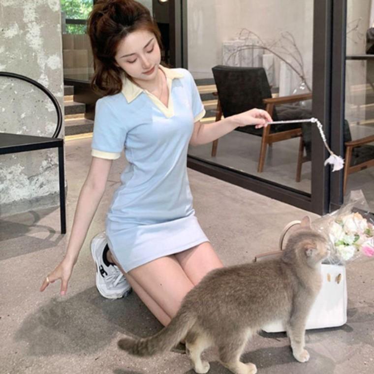 오픈카라 여자 캐주얼 반팔 미니 원피스 1P 여름 슬림핏 치마