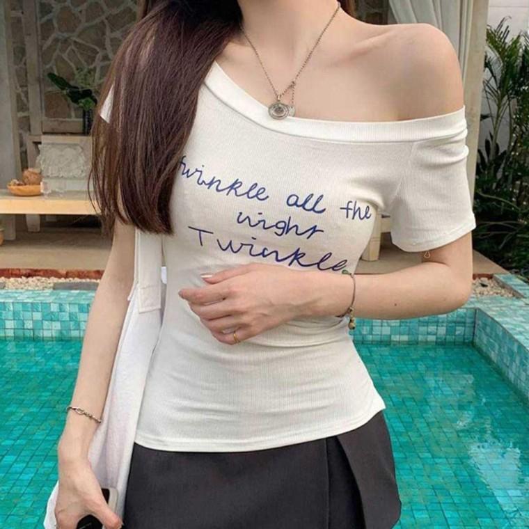 풀오픈 여자 오프숄더 반팔티 1P 여름 쇄골 티셔츠