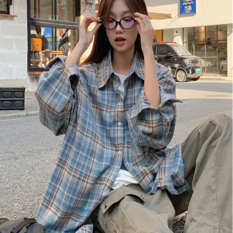 여성체크남방 네모 체크 카라 긴팔 셔츠 사무실 아웃도어