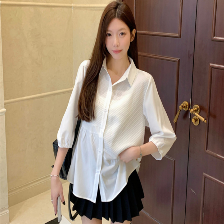 여성카라블라우스 루즈핏 언발 셔링 7부 블라우스 정장 사무실 하객룩