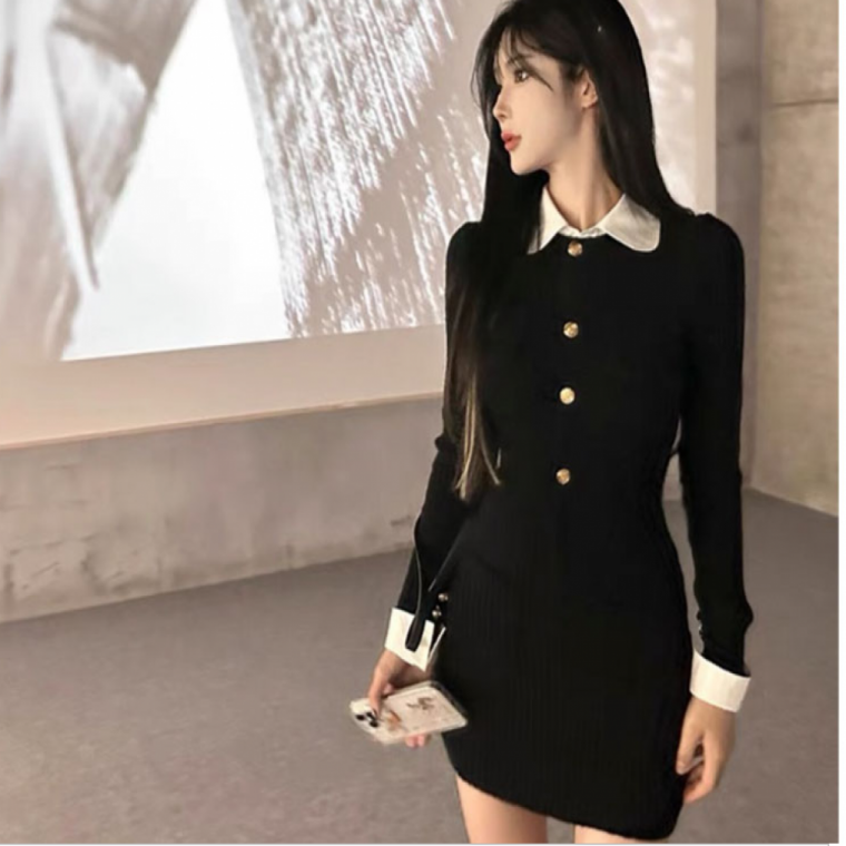 미니정장원피스 카라 페이크레이어드 금장버튼 블랙미니원피스 정장 사무실 하객룩