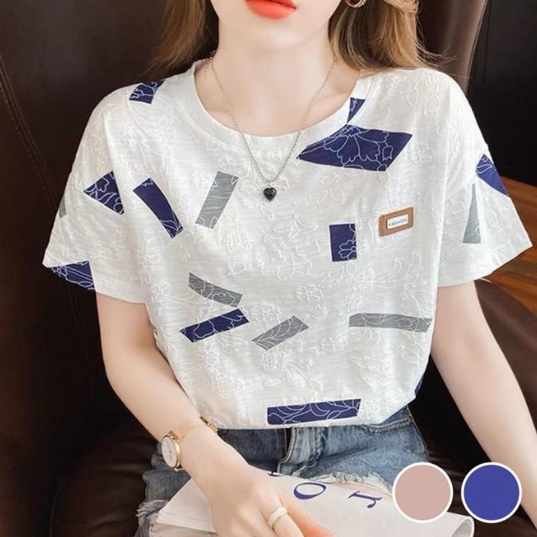 여성반팔티 사무실 데이트룩 아웃도어 입체 꽃무늬 사각 패턴 반팔 티셔츠