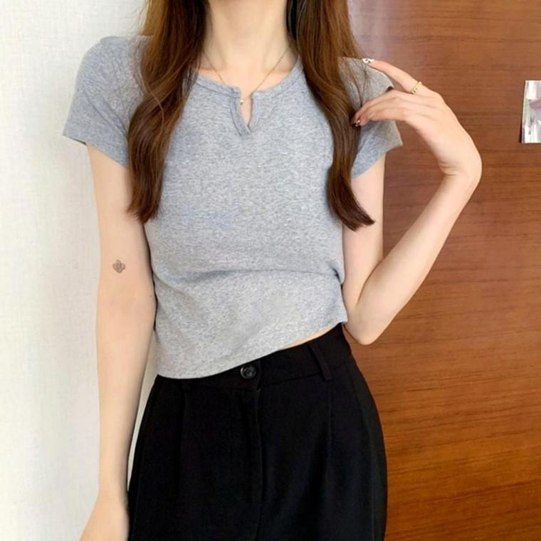 여성 브이넥 스판 반팔티 여름 슬림핏 티셔츠