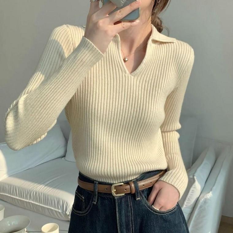 여자 골지 브이넥 카라 슬림 스타일 긴팔 니트티 기본티 크롭티 빅사이즈 여름 긴팔티