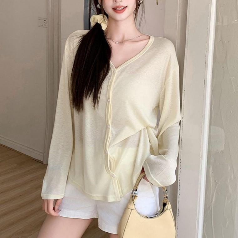 여름 브이넥 루즈핏 시스루 가디 가디건 시스루룩 여자 긴팔 썸머룩 에어컨 대비템 레이러
