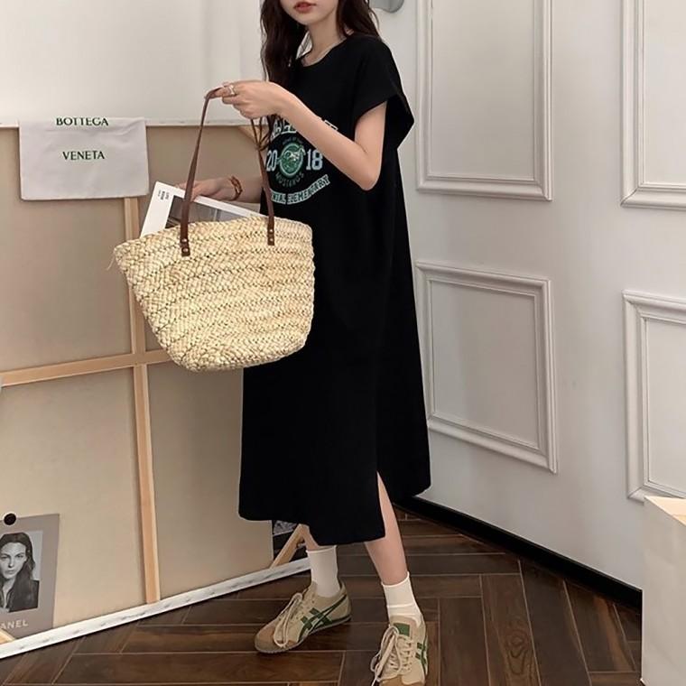 여성 여름 라운드 영문 트임 캐주얼 반팔 롱원피스