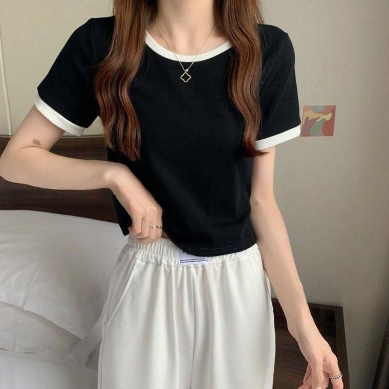 크롭티 반팔크롭티 반팔크롭 여름 배색 반팔티셔츠 크롭티셔츠 3컬러 여성