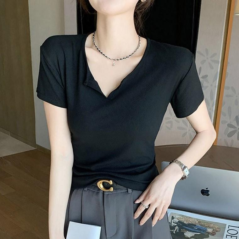 여름 소재 여성반팔 슬림티셔츠 스타일 반팔티셔츠 골지 기본티셔츠