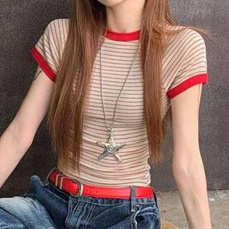 티셔츠 슬림핏 반팔티 줄무늬티셔츠 크롭티 여름반팔 여성용 데일리