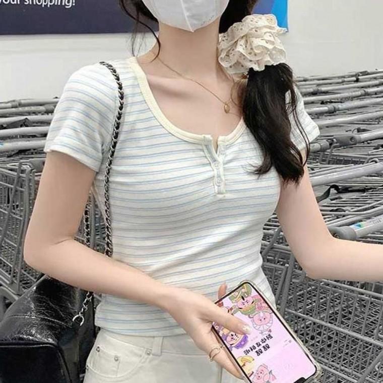크롭 여성티셔츠 반팔티 스트라이프 크롭티셔츠 슬림핏 티셔츠 여름티셔츠