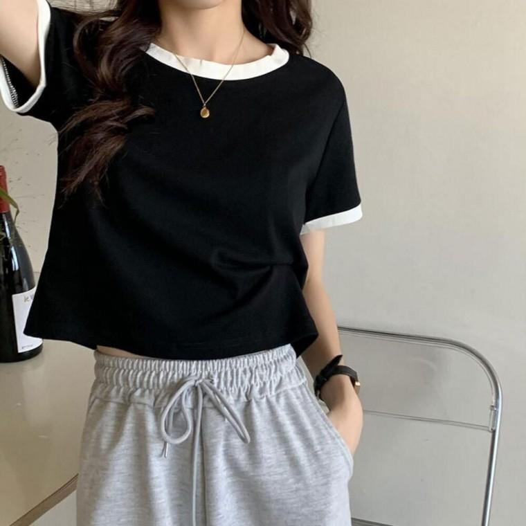 넥과 투톤배색 스판티셔츠 여자여름티셔츠 크롭 크롭티 디테일 베이직코디