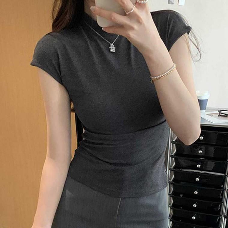 슬림티셔츠 폴라 목폴라반팔 슬림 하프넥티셔츠 반팔티셔츠 여름 여성 캡소매