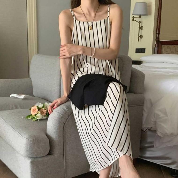 체크원피스 여행룩 바캉스원피스 여름원피스 스트라이프 끈조절 A라인원피스